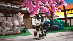 Size: 2560x1440 | Tagged: safe, artist:mysticalpha, oc, oc:shiro reisu, dragon, armor, castle, cherry blossoms, flower, flower blossom, japanese, katana, sword, weapon