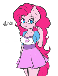 Size: 800x1050 | Tagged: safe, artist:melliedraws, pinkie pie, earth pony, anthro, g4, :3, breasts, busty pinkie pie, cleavage, clothes, equestria girls outfit, heart eyes, heart nostrils, looking at you, peace sign, simple background, solo, white background, wingding eyes