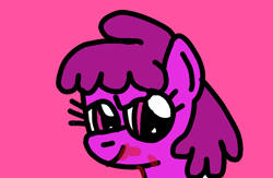 Size: 1024x668 | Tagged: safe, artist:yorkyloves, berry punch, berryshine, earth pony, pony, g4, background pony, dreamworks face, drool, female, mare, messy, pink background, simple background, smiling, solo