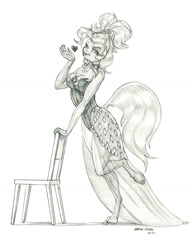 Size: 1000x1303 | Tagged: safe, artist:baron engel, applejack, earth pony, anthro, unguligrade anthro, g4, applejewel, blowing a kiss, breasts, busty applejack, chair, cleavage, clothes, colored hooves, dress, grayscale, heart, leotard, looking at you, monochrome, pencil drawing, raised leg, simple background, traditional art, white background