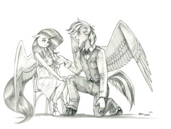 Size: 1280x963 | Tagged: safe, artist:baron engel, fluttershy, oc, oc:marshall, pegasus, anthro, unguligrade anthro, g4, breasts, busty fluttershy, clothes, dancing, dress, female, kneeling, male, mare, pegasus oc, pencil drawing, sitting, stallion, traditional art, unsure