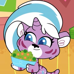 Size: 905x905 | Tagged: safe, screencap, lightning chill, big cat, tiger, back to the present, g4.5, my little pony: pony life, spoiler:pony life s02e12, cropped, cute, female, food, salad, solo