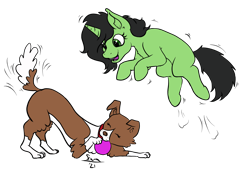 Size: 3118x2267 | Tagged: safe, artist:scoundrel scaramouche, winona, oc, oc:green, dog, pony, unicorn, fanfic:trust once lost, g4, ball, blank flank, cute, female, filly, foal, high res, jumping, playing, simple background, story, story included, transparent background