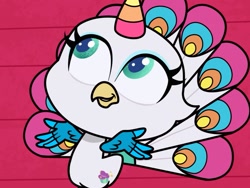 Size: 1239x933 | Tagged: safe, screencap, sugar snap, bird, peacock, g4.5, magical mare-story tour, my little pony: pony life, spoiler:pony life s02e13, cropped, solo, wing hands, wings