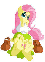 Size: 1500x2064 | Tagged: safe, artist:jinkslizard, fluttershy, pegasus, anthro, plantigrade anthro, g4, barefoot, breasts, busty fluttershy, clothes, equestria girls outfit, feet, fetish, foot fetish, foot focus, sandals, soles, solo, toes