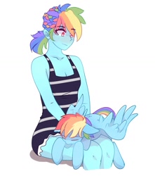 Size: 1153x1306 | Tagged: safe, artist:aaa-its-spook, rainbow dash, human, pegasus, pony, equestria girls, g4, blushing, breasts, cleavage, clothes, dress, duo, eyes closed, female, human ponidox, petting, self ponidox, simple background, sitting on lap, white background