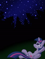 Size: 1920x2485 | Tagged: safe, artist:sirtreasurehunter, twilight sparkle, alicorn, pony, g4, female, forest, high res, mare, night, reclining, smiling, solo, stars, twilight sparkle (alicorn)