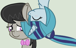 Size: 882x556 | Tagged: safe, artist:jadeharmony, octavia melody, sonata dusk, pony, g4, cheek kiss, duo, female, kissing, lesbian, ponytail, shipping, sontavia, surprise kiss