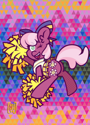 Size: 1900x2640 | Tagged: safe, artist:threetwotwo32232, cheerilee, earth pony, pony, g4, butt, cheerileeder, cheerleader, female, flowerbutt, looking at you, looking back, looking back at you, mare, one eye closed, plot, wink