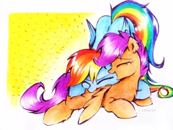 Size: 3709x2782 | Tagged: safe, artist:liaaqila, rainbow dash, scootaloo, pegasus, pony, g4, blank flank, crying, cute, cutealoo, dashabetes, duo, duo female, eyes closed, female, filly, foal, folded wings, high res, laughing, lying down, mare, open mouth, prone, raspberry, scootalove, siblings, signature, sisters, spread wings, tears of laughter, teary eyes, tongue out, traditional art, tummy buzz, wings