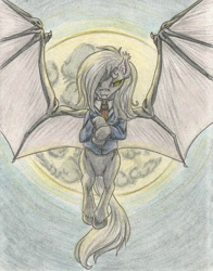 Size: 1749x2236 | Tagged: safe, artist:cindertale, oc, oc only, oc:moonlight sonata, bat pony, pony, bat pony oc, bat wings, bedroom eyes, clothes, full moon, hair over one eye, moon, necktie, night, not flutterbat, solo, spread wings, suit, traditional art, unshorn fetlocks, wings