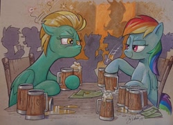 Size: 2048x1485 | Tagged: source needed, useless source url, safe, artist:andypriceart, applejack, lightning dust, rainbow dash, pegasus, pony, g4, idw, alcohol, annoyed, bloodshot eyes, chair, cider, cider dash, cider mug, colored pencil drawing, competition, complex background, crowd, derp, dizzy, drinking contest, drunk, drunk bubbles, faic, female, go home you're drunk, mare, markers, money, mug, silhouette, sitting, smiling, smug, smugdash, table, that pony sure does love cider, traditional art