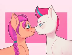 Size: 1406x1077 | Tagged: safe, artist:thedefinitionofsad, sunny starscout, zipp storm, earth pony, pony, g5, abstract background, blushing, boop, braid, duo, female, heart, lesbian, looking at each other, mare, noseboop, ship:sunnystorm, shipping, smiling, unamused, wingless