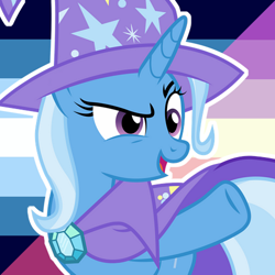 Size: 500x500 | Tagged: safe, artist:prideponies, trixie, pony, unicorn, g4, brooch, cape, clothes, female, hat, icon, jewelry, looking to the right, mare, open mouth, open smile, pride flag, smiling, solo, trixie's brooch, trixie's cape, trixie's hat