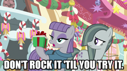 Size: 1280x720 | Tagged: safe, edit, edited screencap, screencap, marble pie, maud pie, earth pony, pony, best gift ever, g4, caption, female, image macro, mare, meme, pie sisters, present, pun, siblings, sisters, text