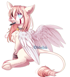 Size: 2160x2368 | Tagged: safe, artist:mediasmile666, oc, oc only, pegasus, pony, chest fluff, collar, ear piercing, female, high res, leonine tail, mare, mouth hold, piercing, simple background, solo, transparent background