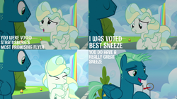 Size: 2000x1125 | Tagged: safe, edit, edited screencap, editor:quoterific, screencap, sky stinger, vapor trail, pegasus, pony, g4, top bolt, cute, eyes closed, female, male, mare, open mouth, sneezing, stallion, vaporbetes