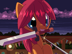 Size: 800x600 | Tagged: safe, artist:rangelost, oc, oc only, oc:trailblazer, earth pony, pony, cyoa:d20 pony, bust, cloud, female, mare, mouth hold, night, night sky, outdoors, pixel art, sky, solo, sword, weapon