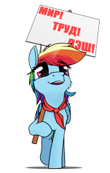 Size: 2800x4400 | Tagged: safe, artist:dacaoo, rainbow dash, pegasus, pony, g4, celebration, cheek fluff, communism, cyrillic, necktie, pioneer, russian, sign, simple background, smiling, solo, soviet union, translated in the comments, transparent background