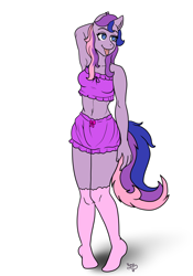 Size: 2800x4000 | Tagged: safe, artist:yumomochan, anthro, belly button, bloomers, bra, clothes, commission, crop top bra, female, mare, multicolored hair, original character do not steal, purple underwear, ribbon, simple background, socks, tongue out, underwear, white background, your character here