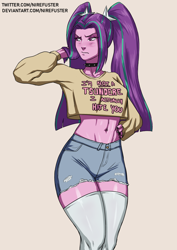 Size: 2480x3508 | Tagged: safe, artist:nire, aria blaze, equestria girls, g4, belly button, blushing, choker, clothes, daisy dukes, denim shorts, eyelashes, eyeshadow, frown, hand on hip, high res, makeup, pants, pigtails, ripped pants, short shirt, shorts, socks, thigh highs, torn clothes, tsundaria, tsundere, twintails