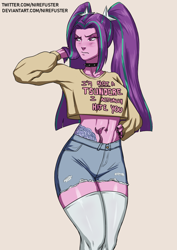 Size: 2480x3508 | Tagged: safe, alternate version, artist:nire, aria blaze, equestria girls, g4, belly button, blatant lies, blushing, booty shorts, breasts, busty aria blaze, choker, clothes, daisy dukes, denial, denim shorts, eyelashes, eyeshadow, female, frown, hand on hip, high res, looking away, makeup, midriff, pants, pigtails, ripped pants, sexy, short shirt, shorts, socks, spiked choker, stupid sexy aria blaze, tattoo, thigh highs, thighs, torn clothes, tsundaria, tsundere, twintails, wide hips
