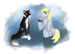 Size: 4121x2965 | Tagged: safe, derpy hooves, pegasus, pony, wolf, g4, food, muffin