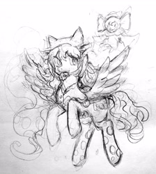 Size: 3016x3368 | Tagged: safe, artist:blueberry pie_蜜糕, oc, oc:cheese plume, pegasus, pony, charlotte, cheese, clothes, cosplay, costume, female, food, high res, magical girl, mare, monochrome, nagisa momoe, puella magi madoka magica, sketch, soul gem