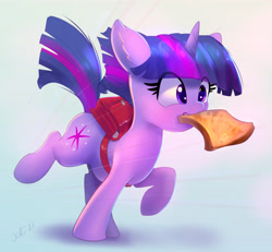 Size: 4413x4078 | Tagged: safe, artist:xbi, twilight sparkle, pony, unicorn, abstract background, absurd resolution, bag, bread, cute, female, filly, filly twilight sparkle, food, mouth hold, running, schoolgirl toast, solo, toast, twiabetes, unicorn twilight, younger