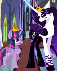 Size: 640x800 | Tagged: safe, alternate version, artist:_goddesskatie_, twilight sparkle, oc, alicorn, pony, g4, alicorn oc, black sclera, chest fluff, crown, duo, female, horn, indoors, jewelry, looking back, mare, regalia, smiling, tiara, twilight sparkle (alicorn), wings