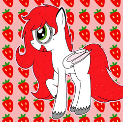 Size: 720x713 | Tagged: safe, artist:fruiitypieq, artist:shycookieq, oc, oc only, bat pony, pony, bat pony oc, bat wings, female, food, mare, open mouth, raised hoof, smiling, strawberry, unshorn fetlocks, wings