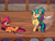 Size: 800x600 | Tagged: safe, artist:rangelost, oc, oc only, oc:tonsoria, oc:trailblazer, earth pony, pony, unicorn, cyoa:d20 pony, duo, female, mare, pixel art, rearing, scissors, sword, weapon