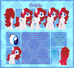 Size: 4000x3700 | Tagged: safe, artist:paradiseskeletons, oc, oc only, oc:svebia, earth pony, pony, cutie mark, female, red hair, red mane, red tail, reference sheet, solo, text, white fur