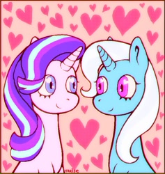 Size: 745x787 | Tagged: safe, artist:fraisep14, starlight glimmer, trixie, pony, unicorn, g4, bust, duo, female, heart, lesbian, looking at each other, ship:startrix, shipping