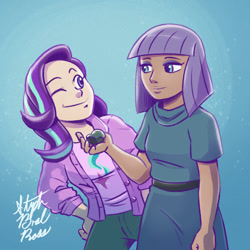 Size: 1000x1000 | Tagged: safe, artist:stephbral, boulder (g4), maud pie, starlight glimmer, human, g4, dark skin, humanized, one eye closed, smiling