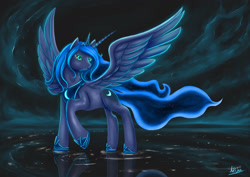 Size: 1920x1358 | Tagged: safe, artist:artifex670, princess luna, alicorn, pony, g4, blue mane, cloud, colored pupils, crown, ethereal mane, female, flowing mane, flowing tail, hoof shoes, horn, jewelry, night, reflection, regalia, signature, sky, solo, spread wings, starry mane, stars, water, wings