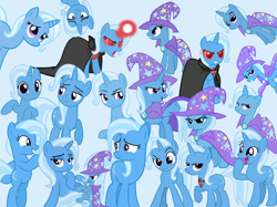 Size: 1136x851 | Tagged: safe, artist:joelleart13, artist:luckreza8, trixie, pony, unicorn, g4, alicorn amulet, angry, cape, clothes, collage, cute, diatrixes, evil smile, female, frown, grin, happy, hat, mare, multeity, red eyes, smiling, smug, trixie army, trixie's cape, trixie's hat