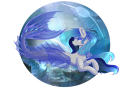 Size: 2920x2053 | Tagged: safe, artist:elektra-gertly, oc, oc only, merpony, blue mane, bubble, coral, crepuscular rays, dorsal fin, ear fluff, fin, fin wings, fins, fish tail, flowing mane, flowing tail, high res, ocean, scales, seashell, seaweed, simple background, solo, sunlight, swimming, tail, transparent background, underwater, water, wings