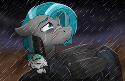 Size: 2508x1624 | Tagged: safe, artist:rokosmith26, oc, oc only, oc:rokosmith, pegasus, pony, fallout equestria, armor, cloud, cloudy, dark, duo, father and child, father and daughter, female, filly, floppy ears, male, rain, sad, scar, stallion, standing, younger