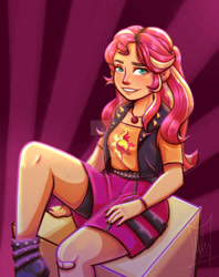 Size: 1280x1620 | Tagged: safe, artist:fluterloo, sunset shimmer, equestria girls, g4, bandage, boots, clothes, geode of empathy, leather vest, magical geodes, shoes, shorts, shorts under skirt, skirt, solo