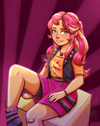 Size: 1280x1620 | Tagged: safe, artist:fluterloo, sunset shimmer, equestria girls, g4, bandage, boots, clothes, deviantart watermark, geode of empathy, leather vest, magical geodes, obtrusive watermark, shoes, shorts, shorts under skirt, skirt, solo, watermark