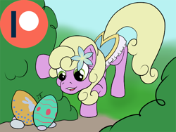 Size: 600x450 | Tagged: safe, artist:tunrae, spring forward, earth pony, pony, g4, advertisement, background pony, bush, clothes, easter, easter egg, female, flower, holiday, patreon, patreon logo, solo