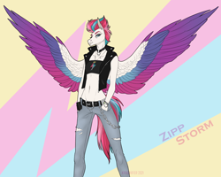 Size: 1500x1200 | Tagged: safe, artist:dementra369, zipp storm, pegasus, anthro, g5, abstract background, belly button, belt, chains, choker, clothes, ear piercing, earring, female, gloves, jacket, jeans, jewelry, leather jacket, midriff, necklace, pants, piercing, solo, spread wings, text, torn clothes, wings, wristband