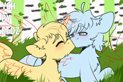 Size: 3000x2000 | Tagged: safe, artist:etoz, pony, advertisement, auction, auction open, blushing, commission, eyes closed, forest, generic pony, grass, happy, high res, horn, kissing, leaves, tree, wings, ych example, ych sketch, your character here