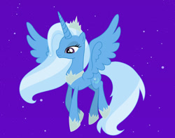 Size: 1280x1011 | Tagged: safe, artist:lilac107, trixie, alicorn, pony, g4, alicornified, crown, female, flying, frown, hoof shoes, horn, jewelry, mare, night, outdoors, peytral, princess shoes, race swap, regalia, sky, solo, spread wings, stars, tiara, trixiecorn, wings