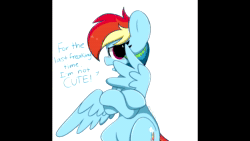 Size: 1280x720 | Tagged: safe, artist:kittyrosie, edit, fifteen.ai, rainbow dash, pegasus, pony, g4, ai voice, animated, blatant lies, blushing, crossed arms, cute, dashabetes, denial's not just a river in egypt, i'm not cute, simple background, solo, talking to viewer, tsunderainbow, tsundere, webm, white background
