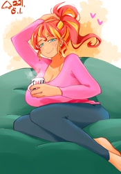 Size: 1400x2000 | Tagged: safe, artist:sozglitch, sunset shimmer, equestria girls, g4, alternate hairstyle, barefoot, big breasts, breasts, busty sunset shimmer, cleavage, coffee mug, feet, female, floating heart, heart, huge breasts, lidded eyes, looking at you, mug, ponytail, smiling, smiling at you, solo