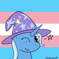 Size: 1000x1000 | Tagged: safe, artist:skydreams, trixie, pony, unicorn, g4, bust, clothes, female, hat, mare, one eye closed, portrait, pride, pride flag, smiling, solo, stars, trans female, trans trixie, transgender, transgender pride flag, trixie's hat, wink
