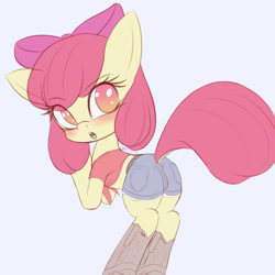 Size: 1683x1683 | Tagged: safe, artist:an-m, apple bloom, earth pony, pony, g4, bloom butt, blue background, blushing, butt, clothes, female, filly, looking back, plot, simple background, solo, standing, tail, tail hole