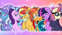 Size: 1920x1080 | Tagged: safe, artist:koapony, moondancer, starlight glimmer, sunburst, sunset shimmer, trixie, twilight sparkle, pony, unicorn, g4, colored pupils, counterparts, cute, ear fluff, female, looking at you, magical trio, male, mare, one eye closed, smiling, stallion, twilight's counterparts, wink